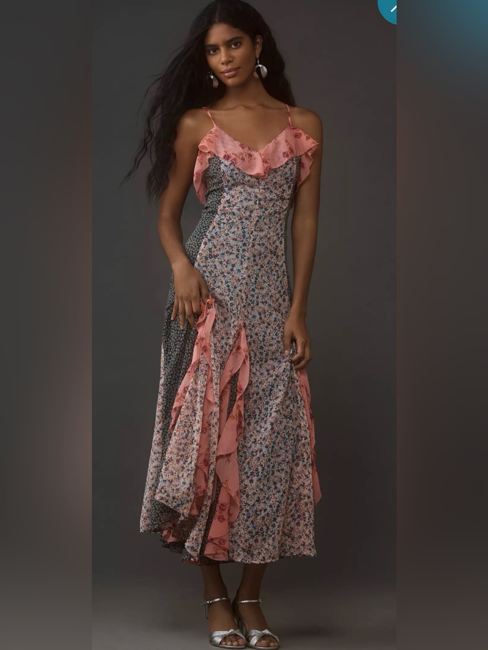 Anthropologie Spaghetti Strap Floral Ruffle Maxi Slip Dress